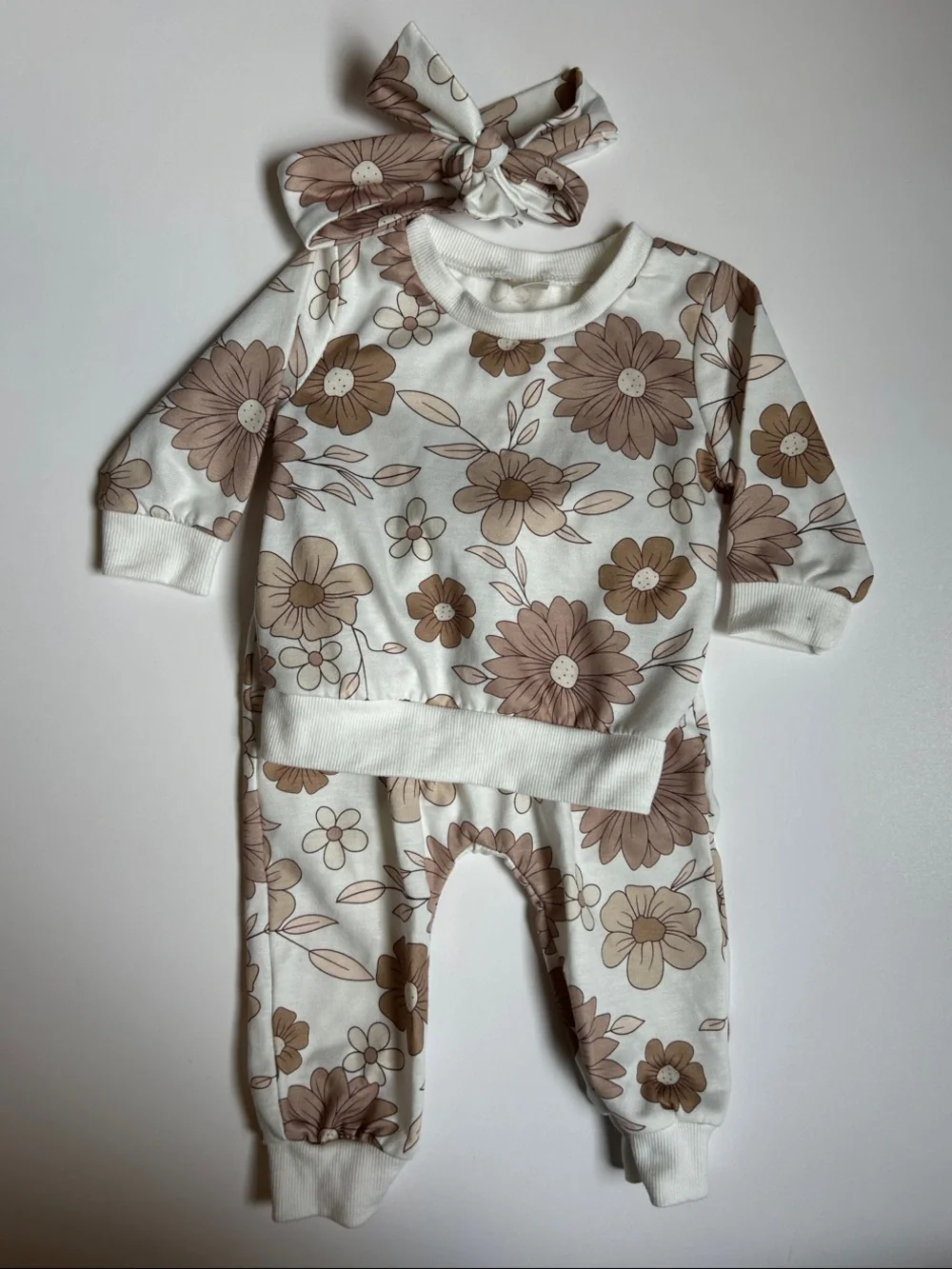 Neutral Floral Baby Jumpsuit and Headband Set